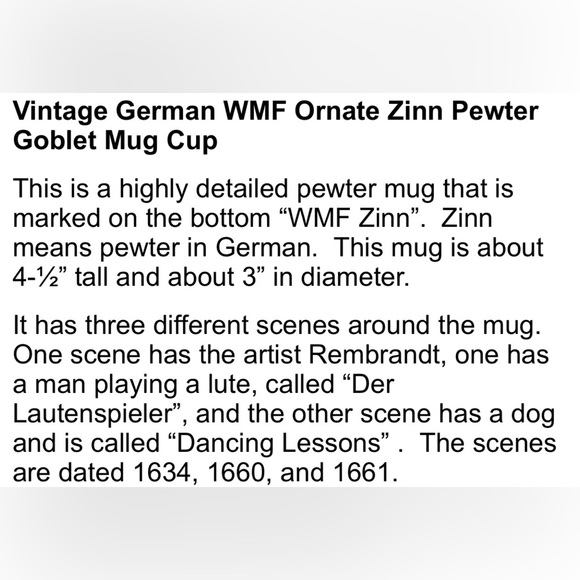 Vintage German WMF Ornate Zinn Pewter Cup/Goblet - Picture 5 of 16